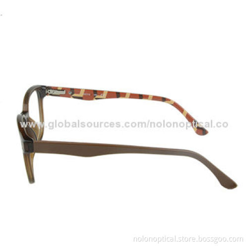 Brown Eyeglasses with Uneven Pattern Arms, Clear Demo Lens